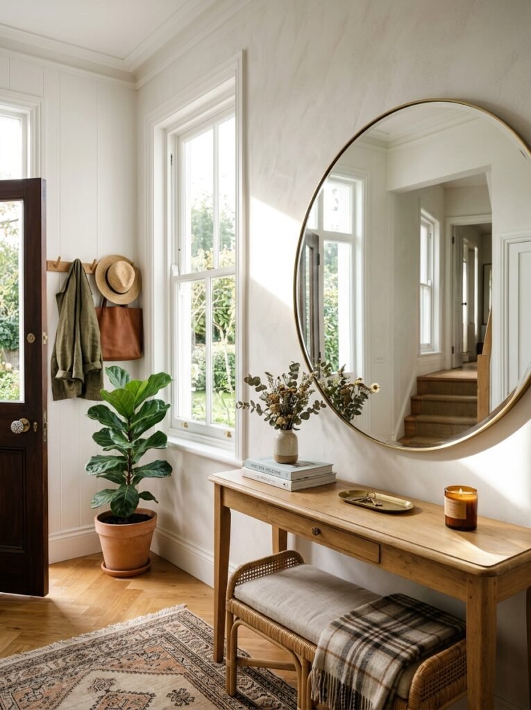 Entryway mirror reflecting sunlight from a window