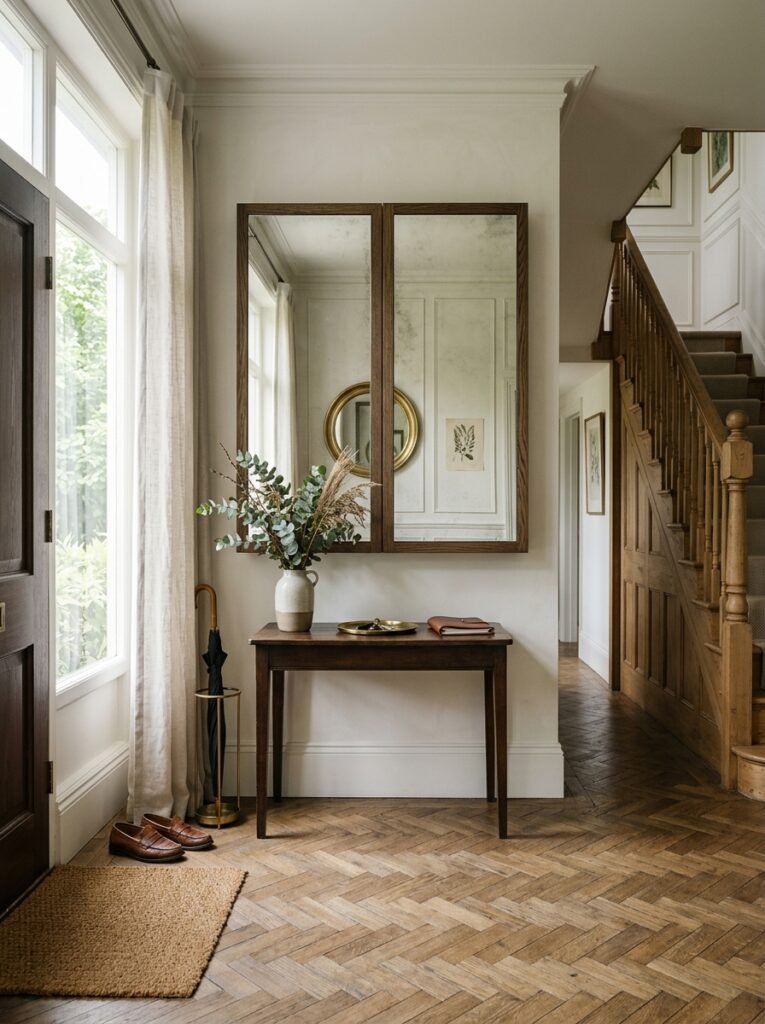 Shallow mirrored storage cabinet in a narrow entryway