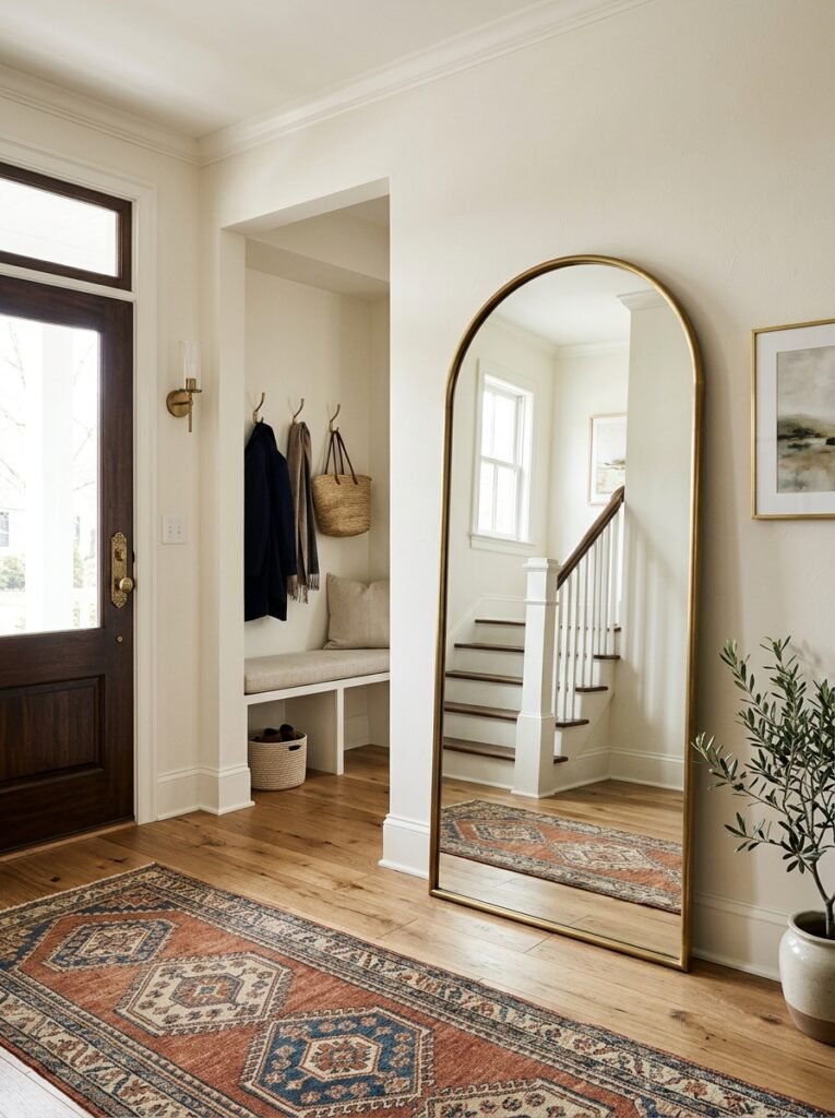 Full-length mirror leaning against an entryway wall
