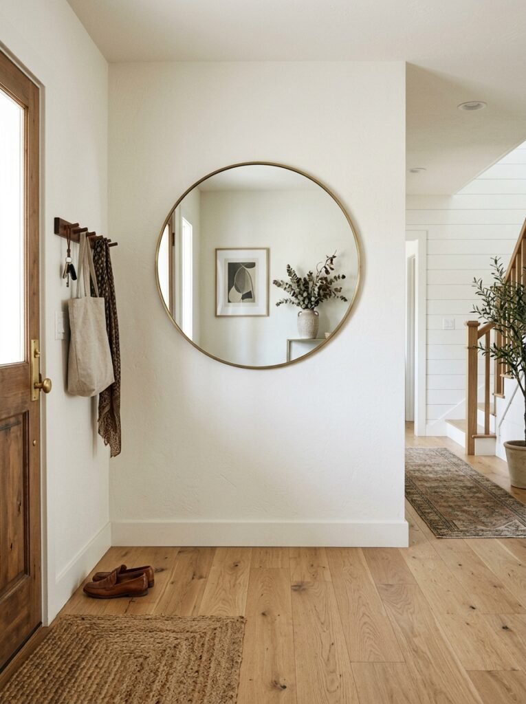 Standalone entryway mirror hung at eye level