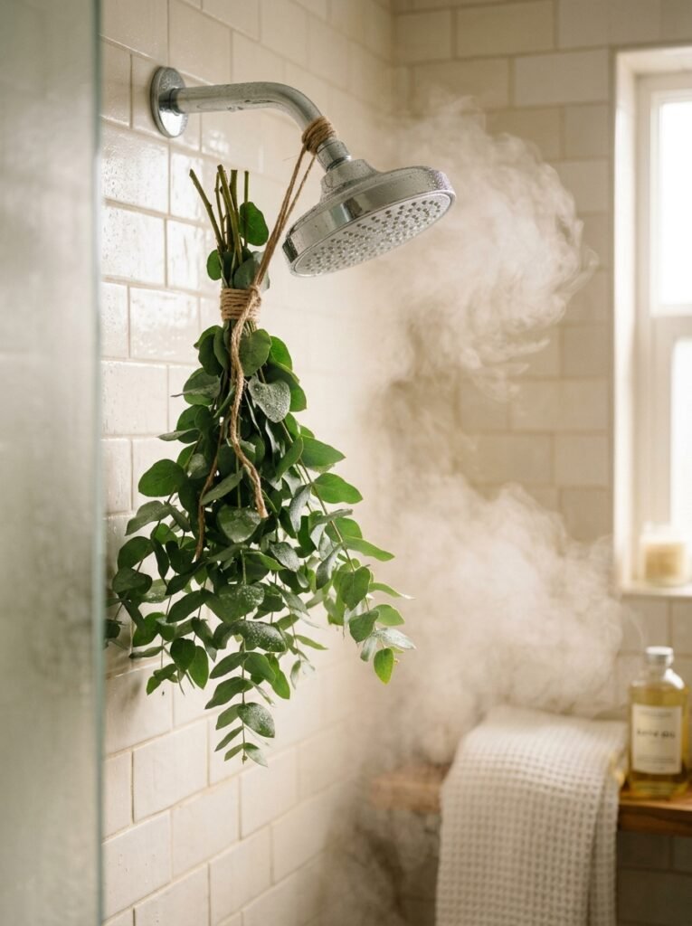 Fresh eucalyptus bundle tied to a showerhead
