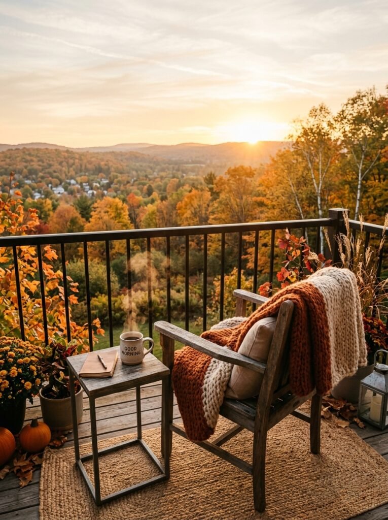 fall balcony morning coffee sunrise 