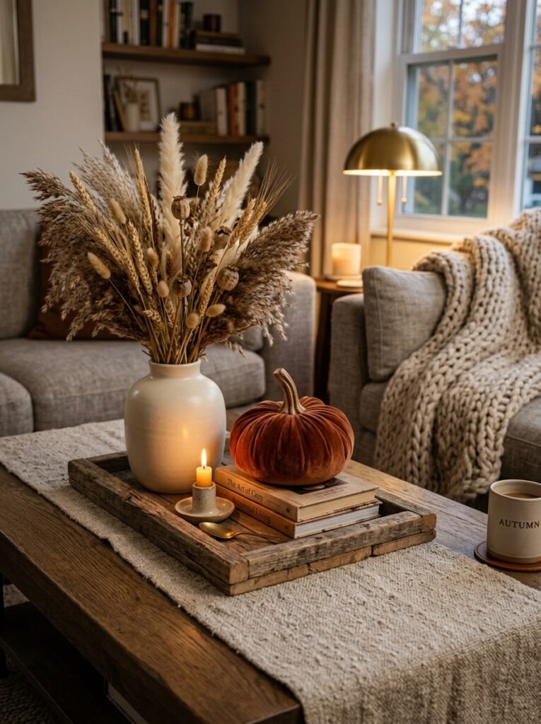 Fall coffee table with a mix of ceramic, wood, velvet and linen textures