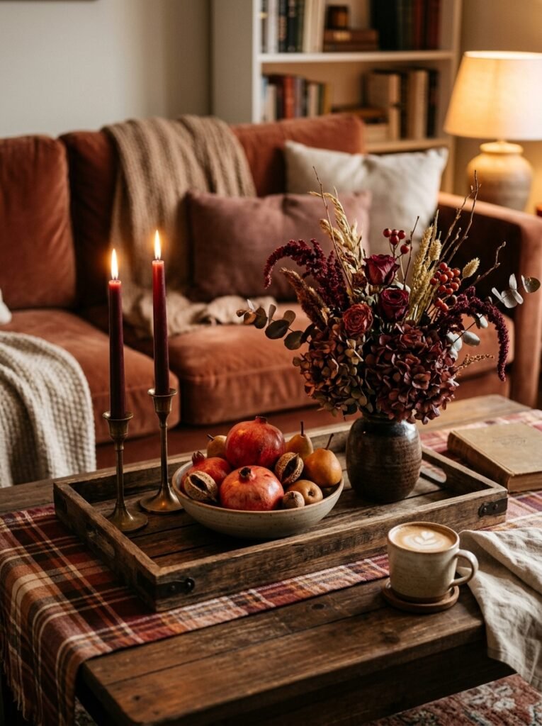 Late-fall coffee table with burgundy tapers, brass holders and seasonal fruit