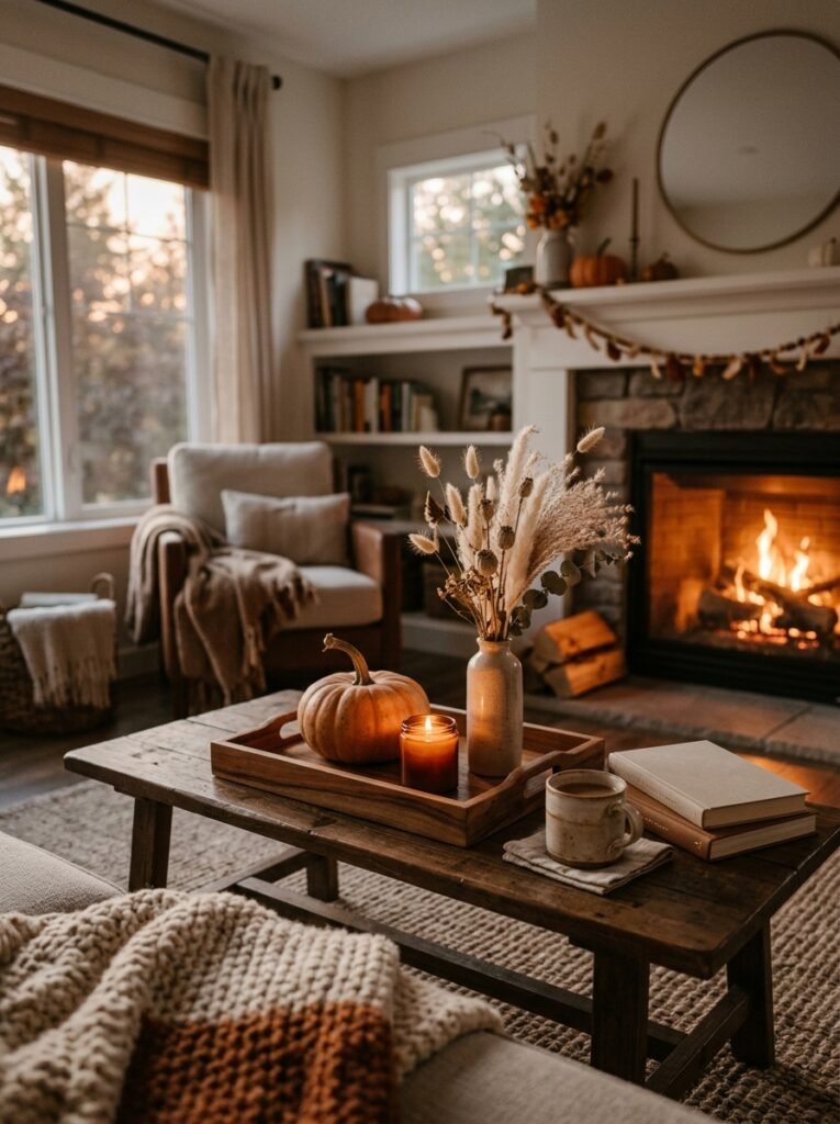 Low fall coffee table arrangement with a pumpkin, candle and dried grasses