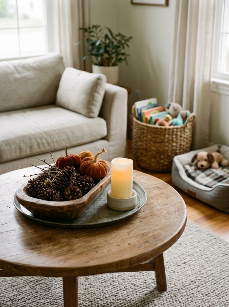 Kid and pet friendly fall coffee table with a dough bowl, velvet pumpkins and flameless candle