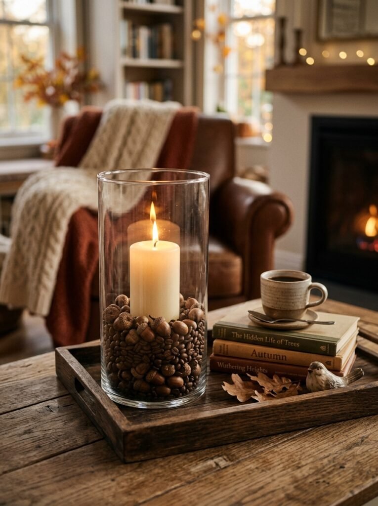 Glass hurricane with a pillar candle nestled in acorns and coffee beans