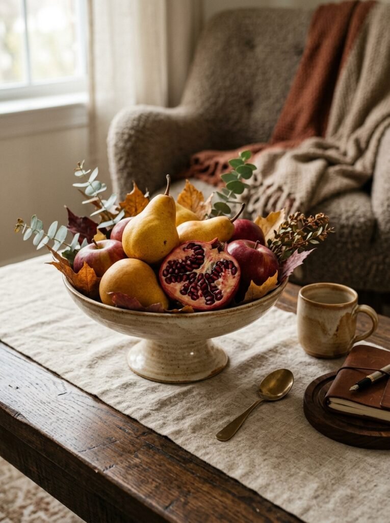 Footed bowl of pears, apples and pomegranate on a fall coffee table
