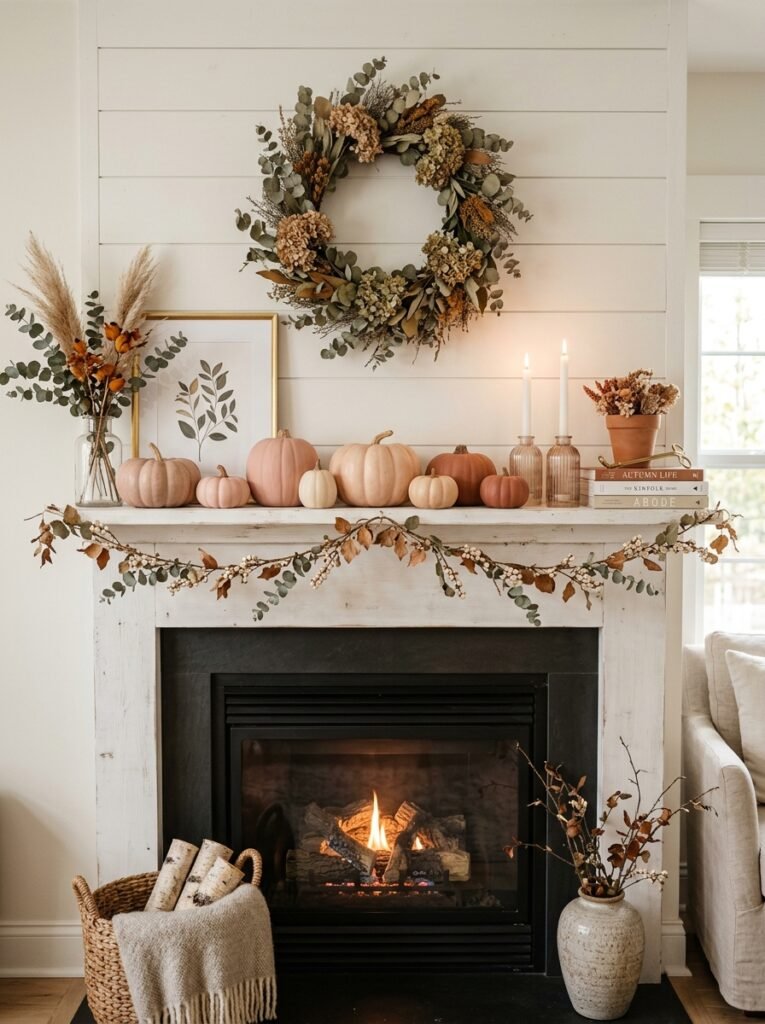 fall mantel decorated pumpkins