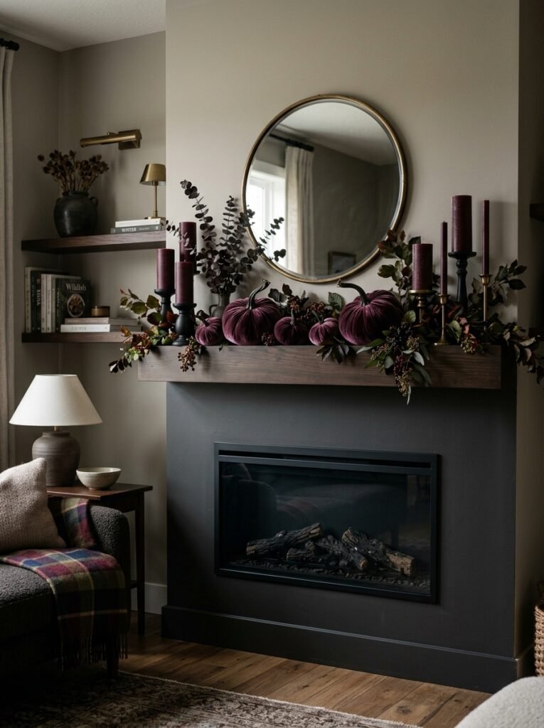 fall mantel with burgundy candles 