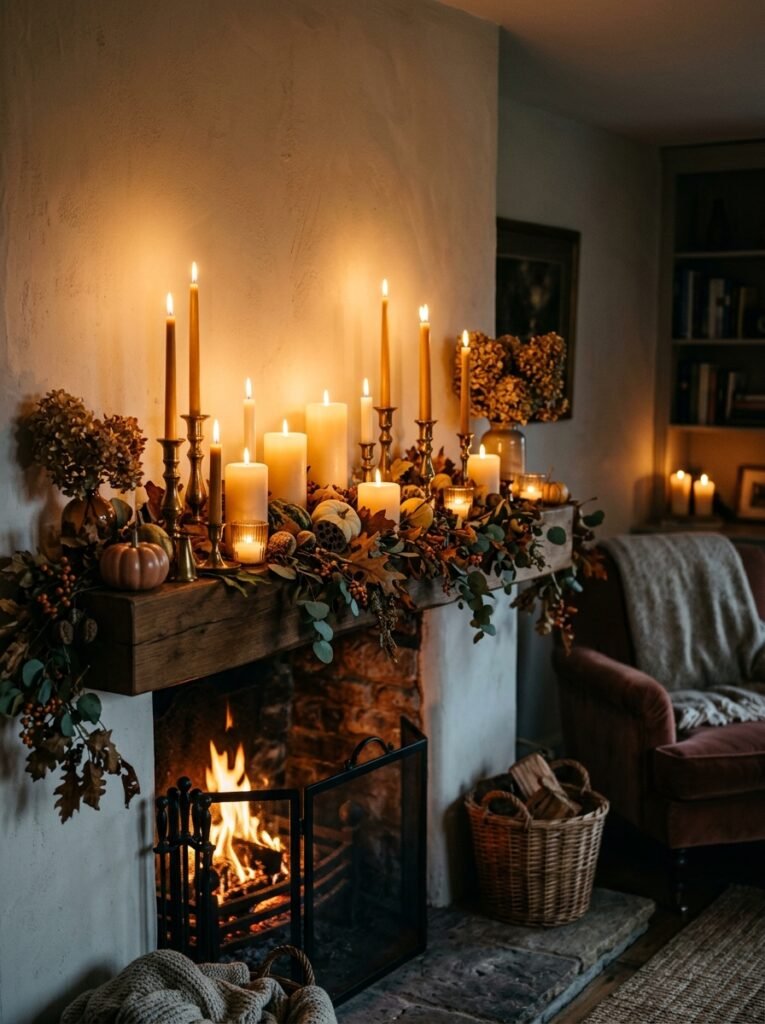 fall mantel with candles glowing 