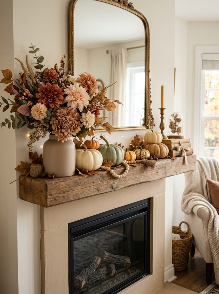 fall mantel with florals