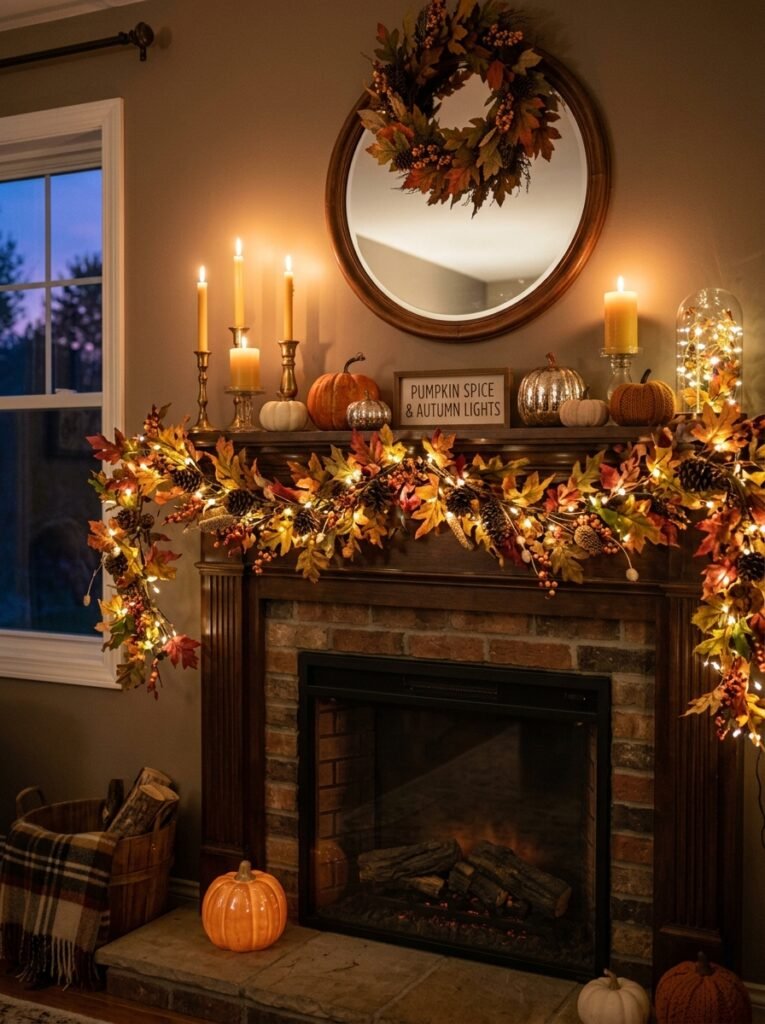 fall mantel with twinkle lights 