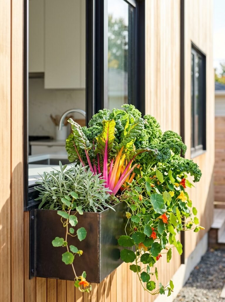 Edible autumn window box display arranged with textured ornamental kale and cabbage greens.