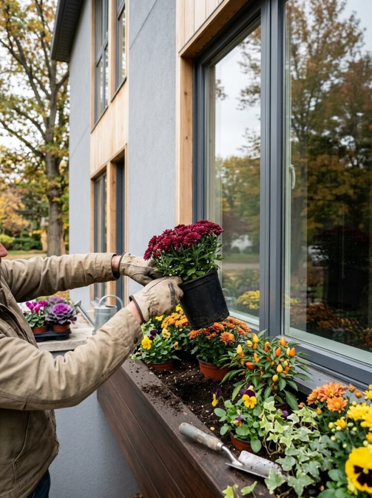 Transitional fall planter display swapping out early autumn blooms for winter plants.