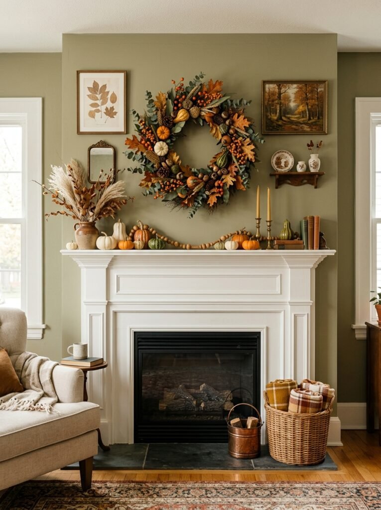 fall wreath above mantel 