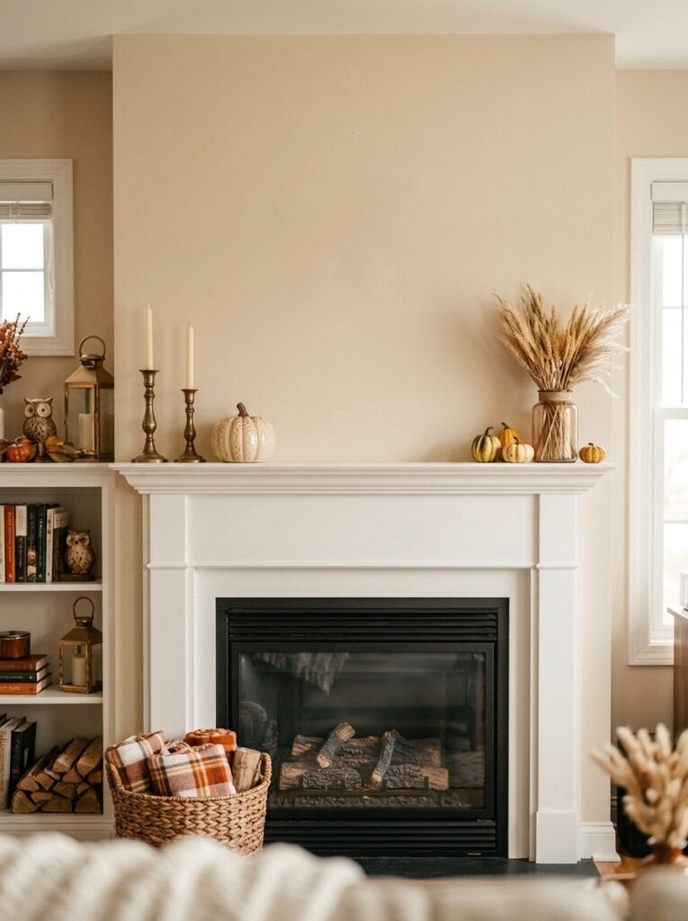 fall wreath above mantel 