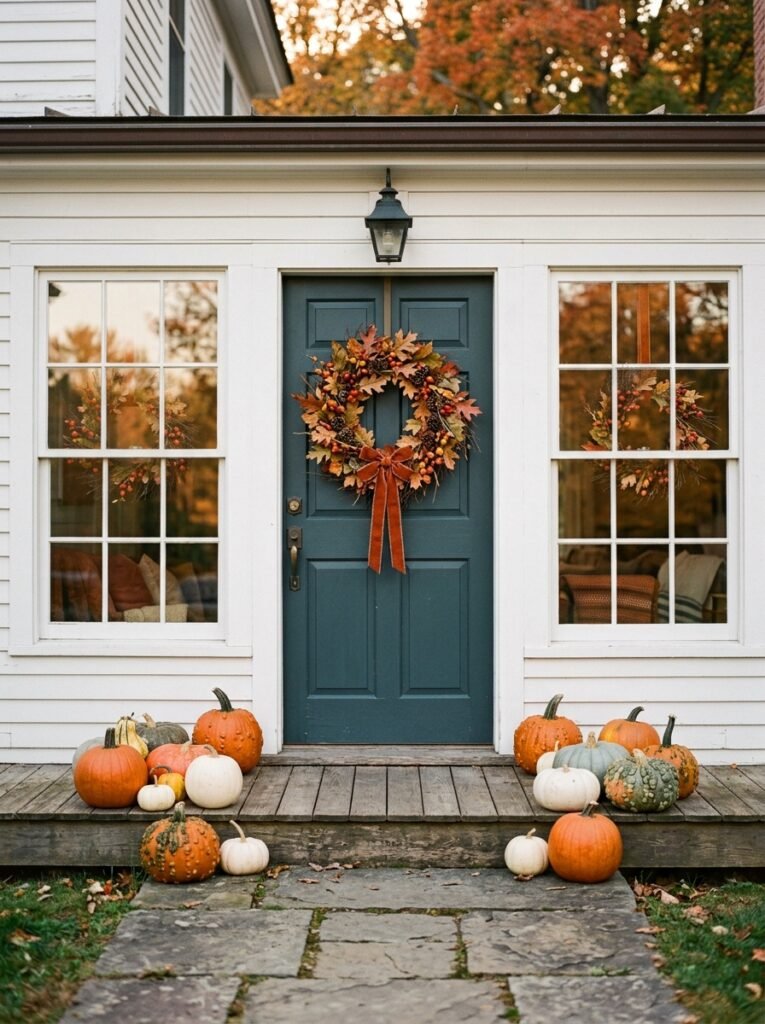 Mini fall wreaths hung in the front windows of a white farmhouse