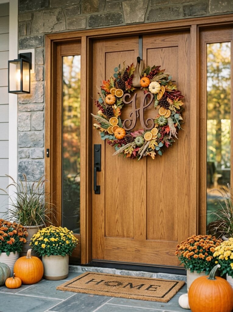 fall wreath framing wooden monogram 