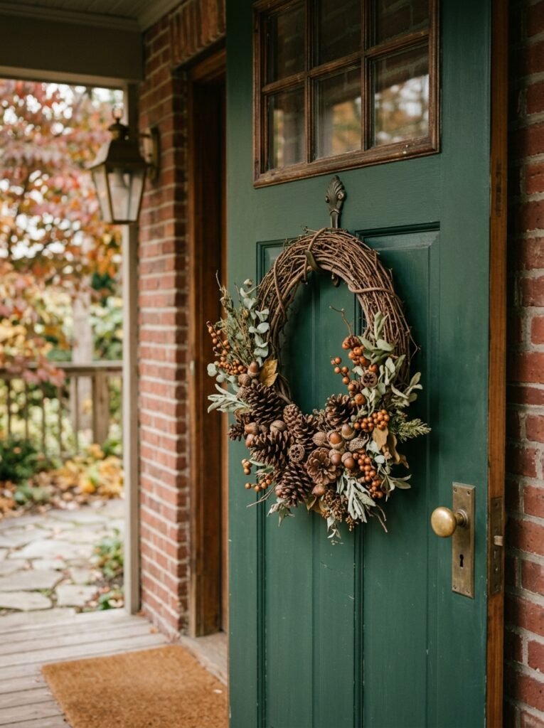 Grapevine fall wreath with pinecones and acorns on a green front door