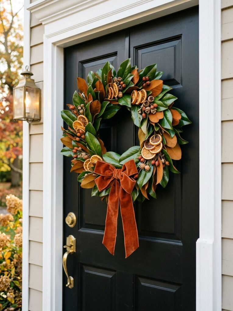 Magnolia leaf wreath with dried oranges and a rust bow on a black front door