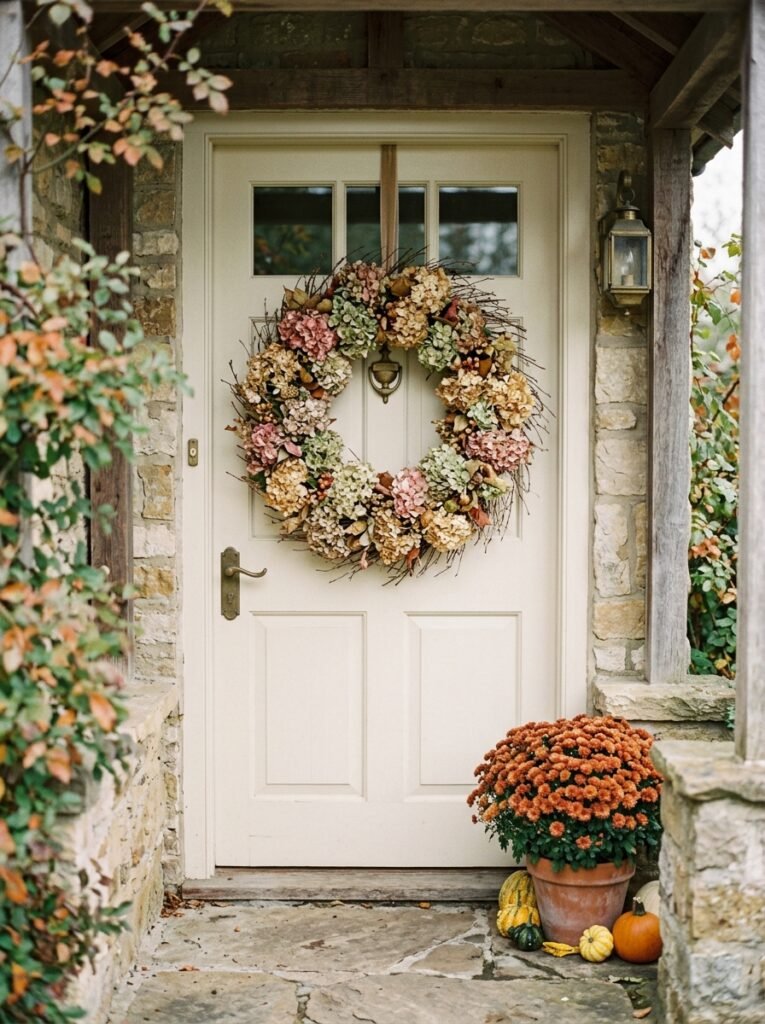 Dried hydrangea wreath in antique pink and sage tones on a cream front door