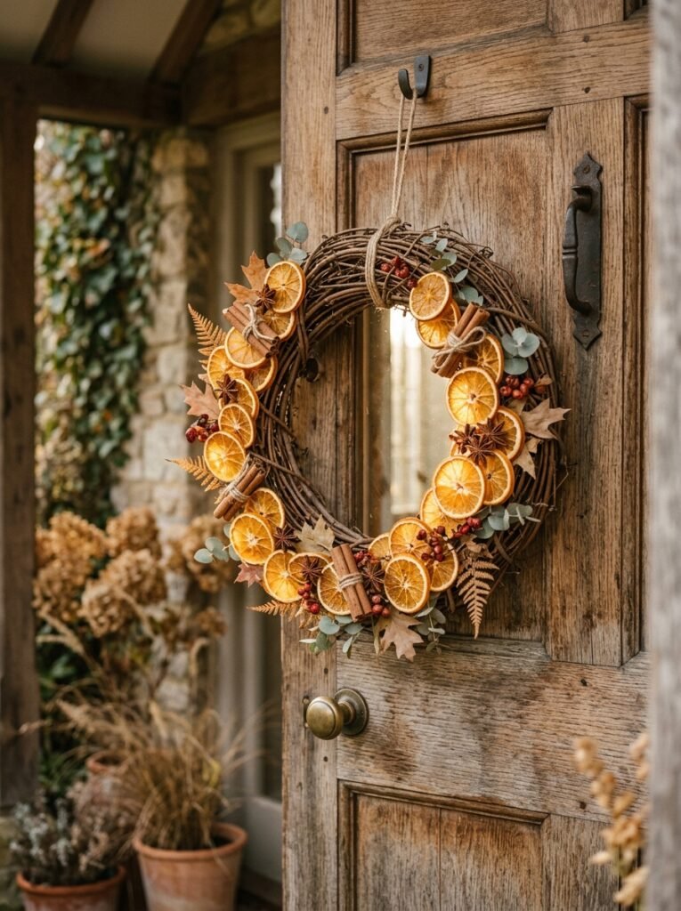 Dried orange slice and cinnamon stick wreath on a wooden front door