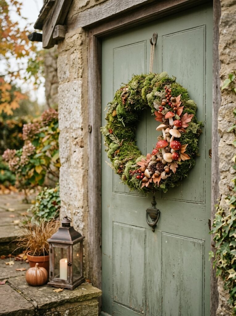 Moss wreath with faux mushrooms and acorns on a sage green front door