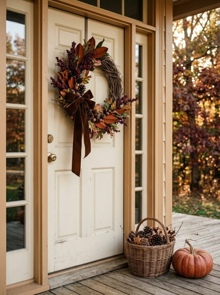 Late fall wreath with burgundy berries, magnolia leaves and a brown velvet ribbon