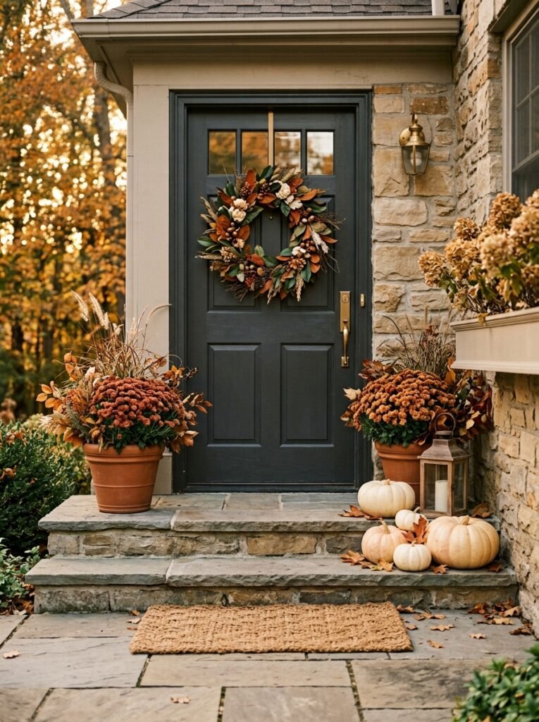Rust and cream fall wreath coordinating with mums and pumpkins on the porch