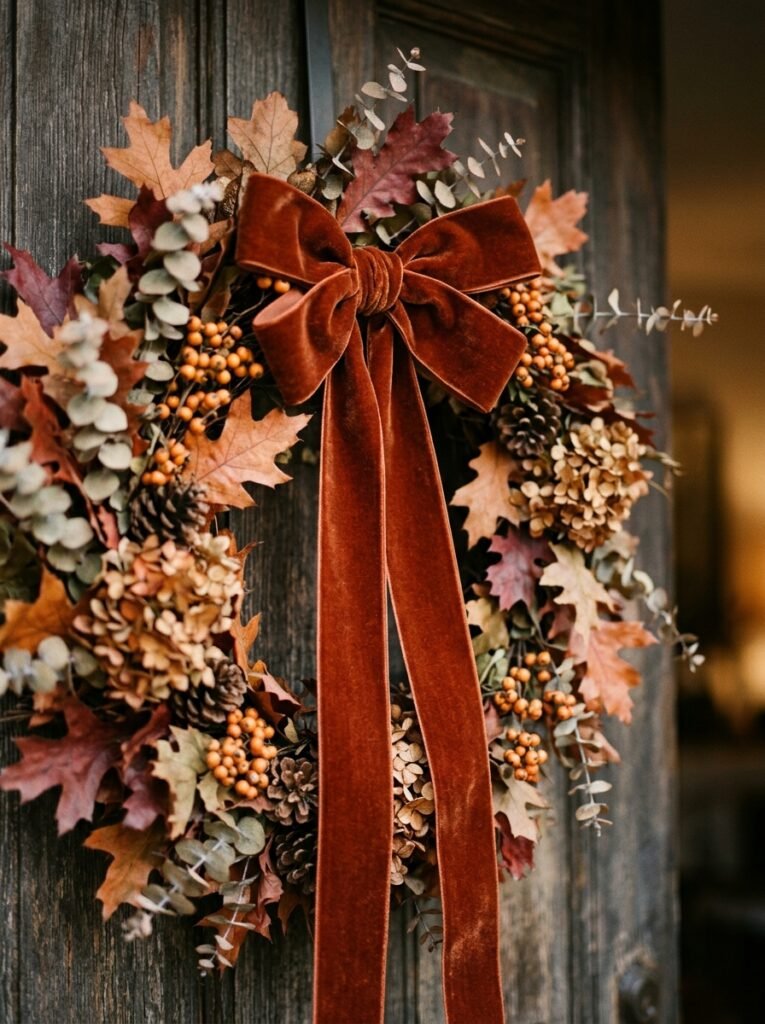 fall wreath with velvet ribbon 