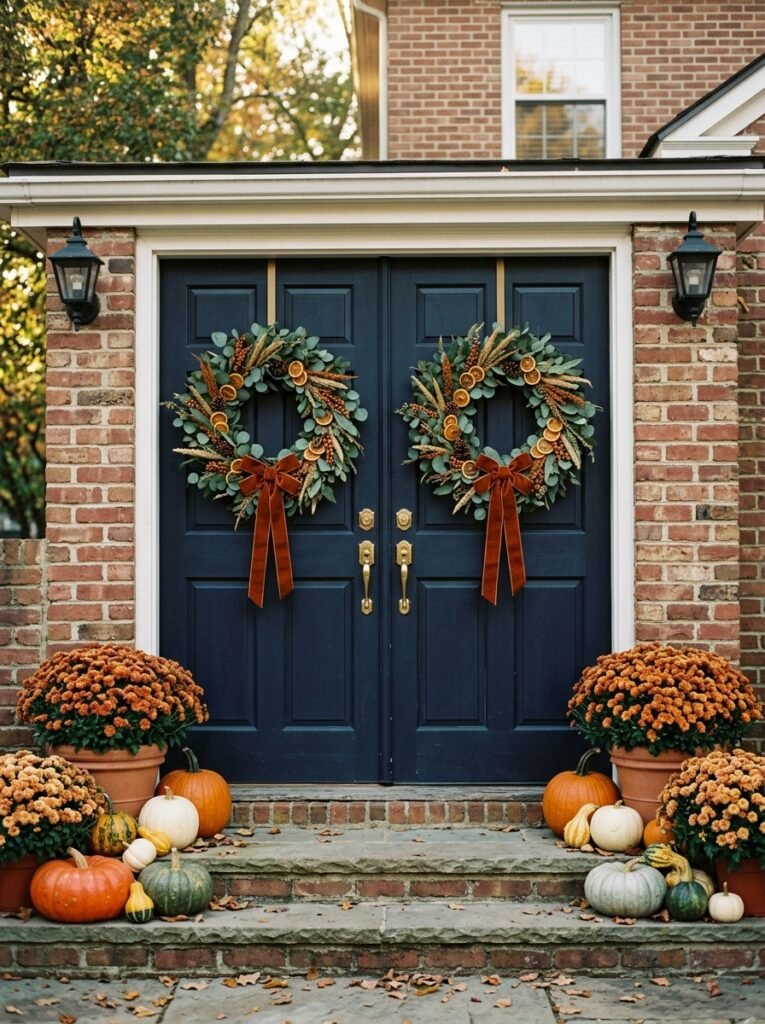 Matching eucalyptus wreaths on navy double front doors