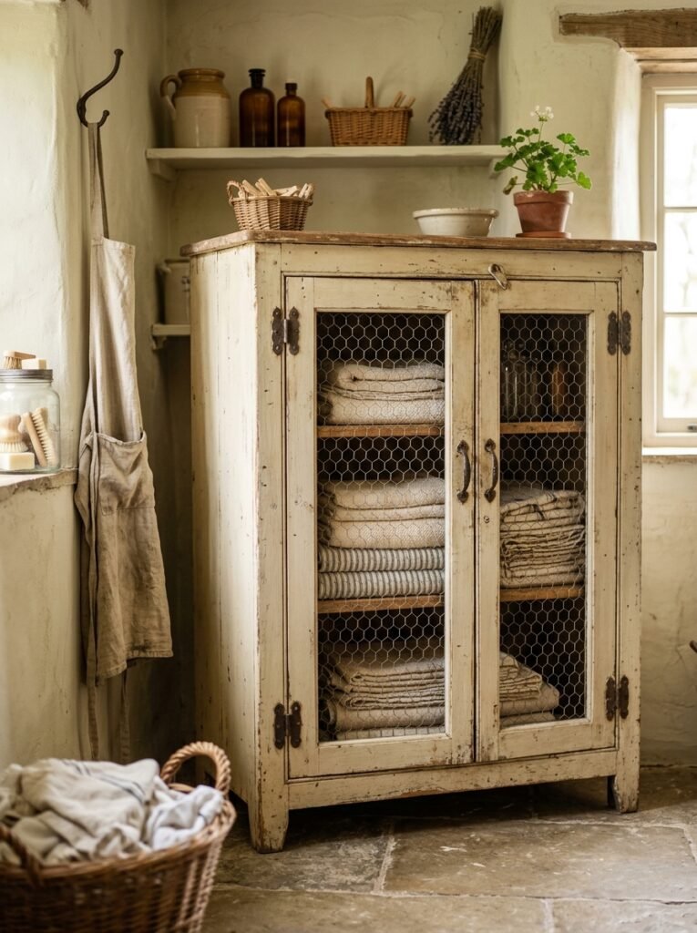 Chicken wire panel cabinet doors in a farmhouse laundry room