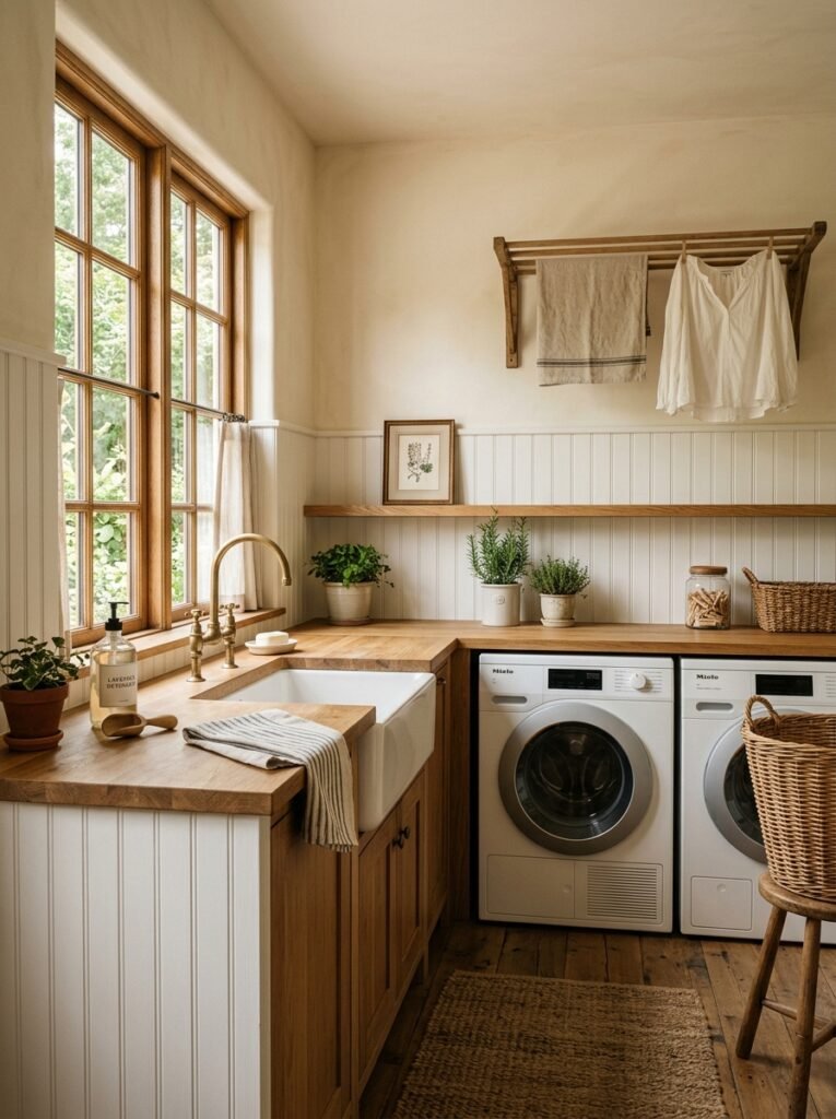 White beadboard paneling in a farmhouse laundry room