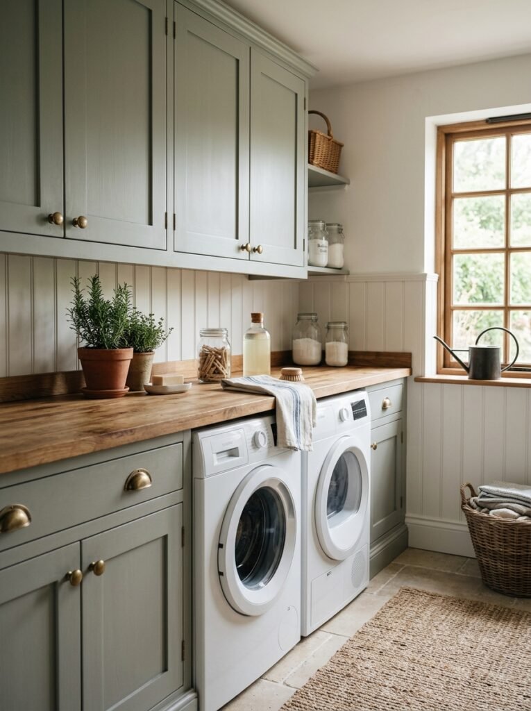 Muted sage green cabinets with brass pulls in a farmhouse laundry room