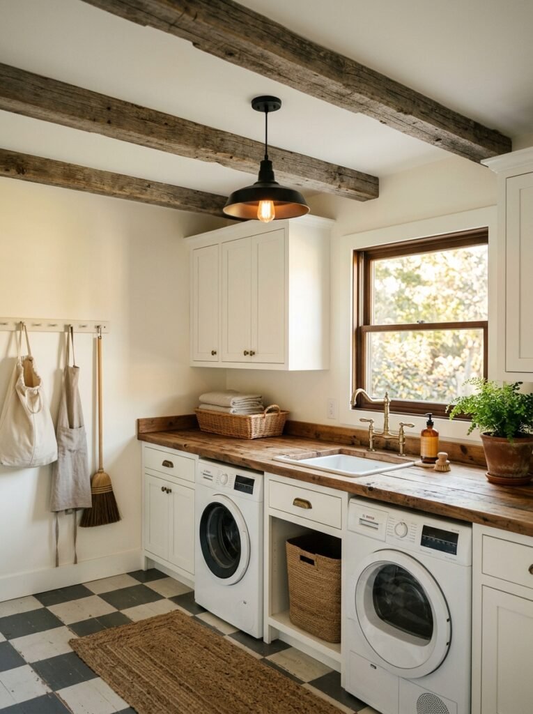 Weathered faux wood beams on the ceiling of a farmhouse laundry room