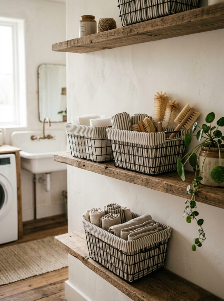 Fabric-lined black wire baskets holding laundry supplies on open shelves
