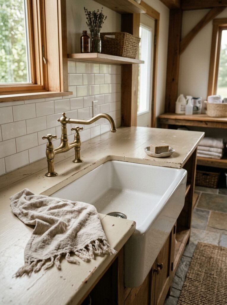 Aged brass bridge faucet over a white apron front laundry sink