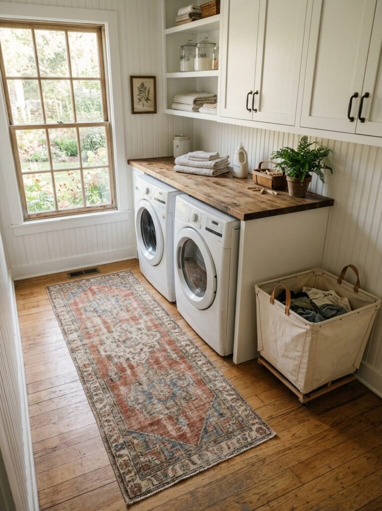 Vintage-style runner rug in front of a washer and dryer in a farmhouse laundry room