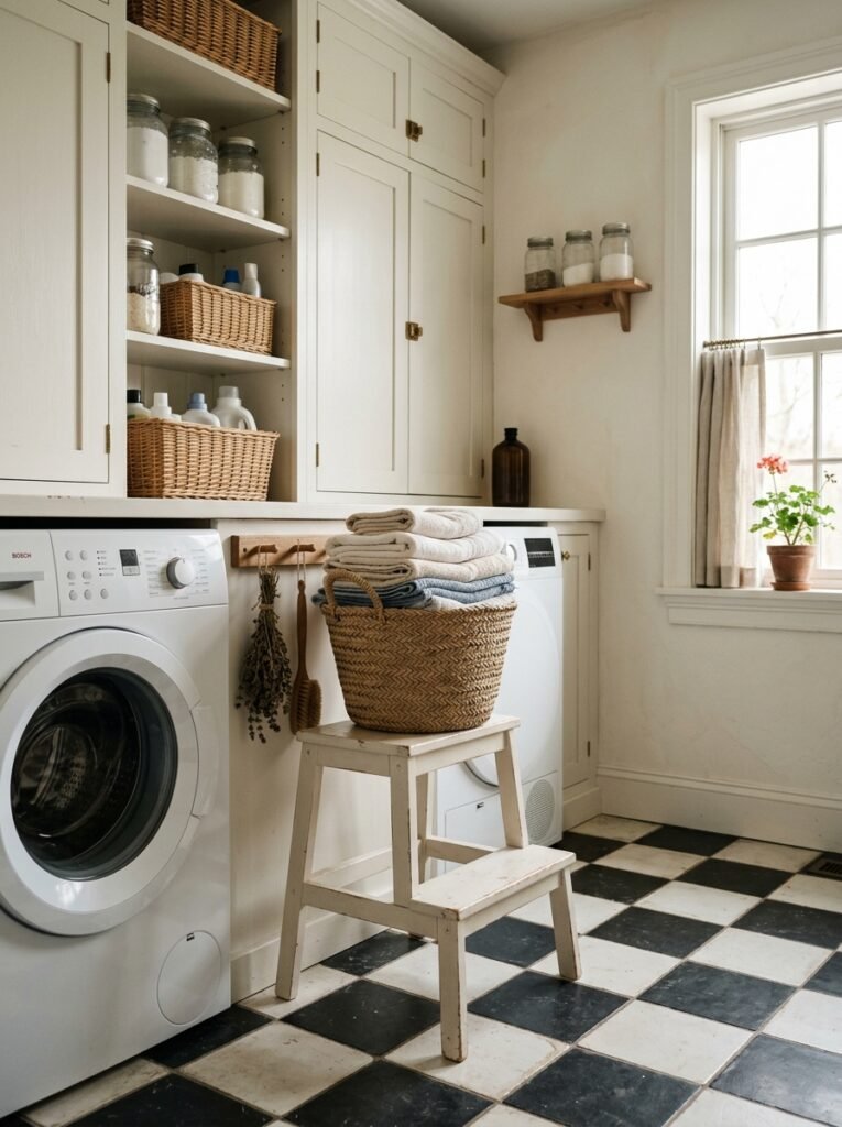Painted wooden step stool holding folded towels beside a washing machine