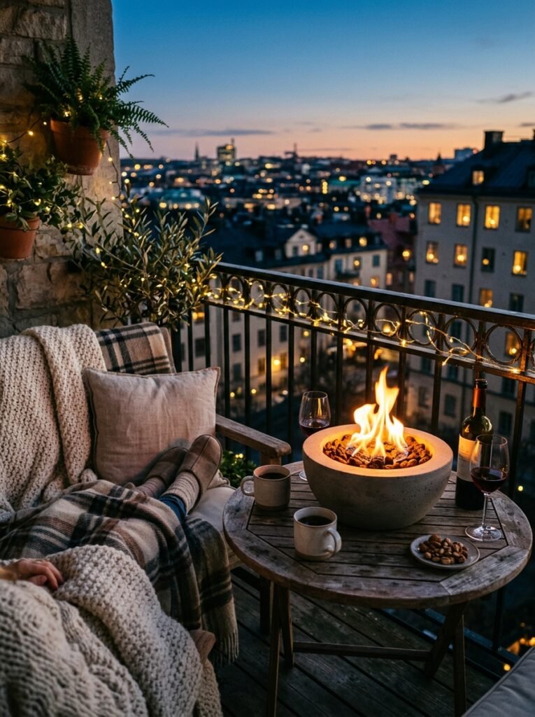 fire bowl glowing on balcony 