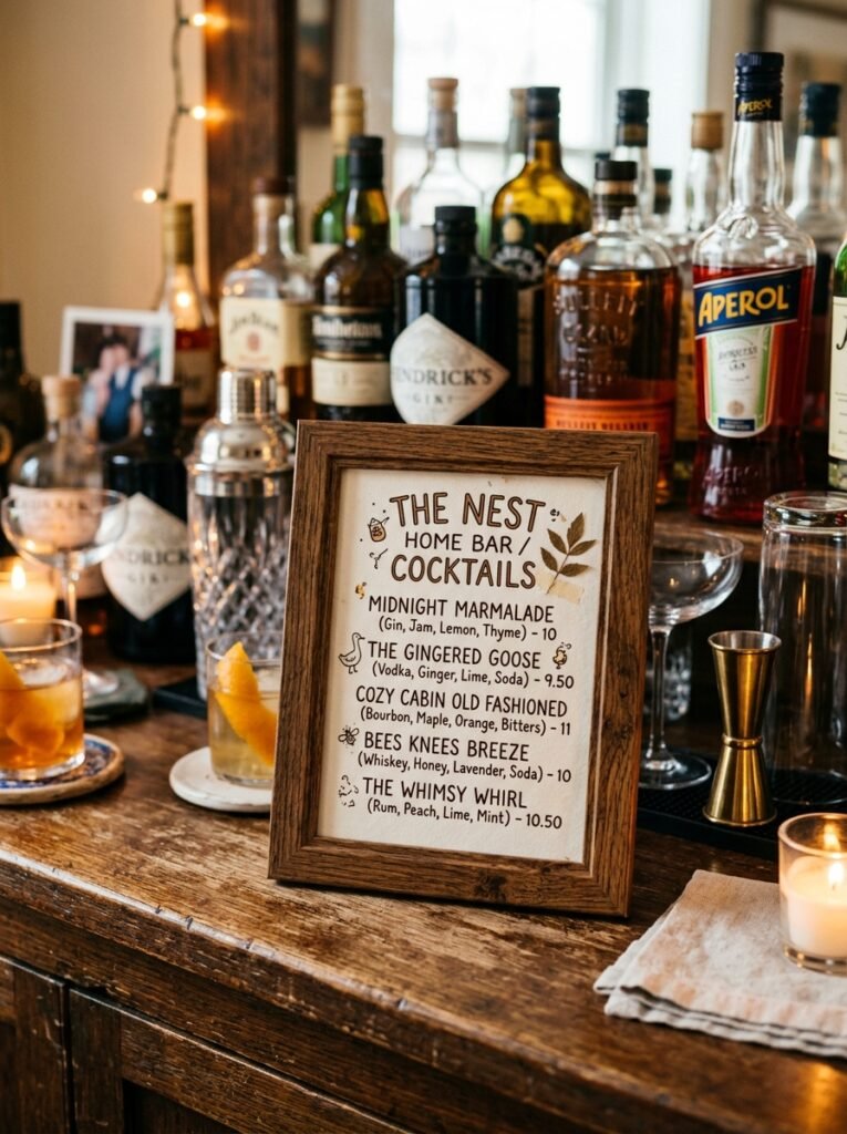 framed cocktail menu on bar 