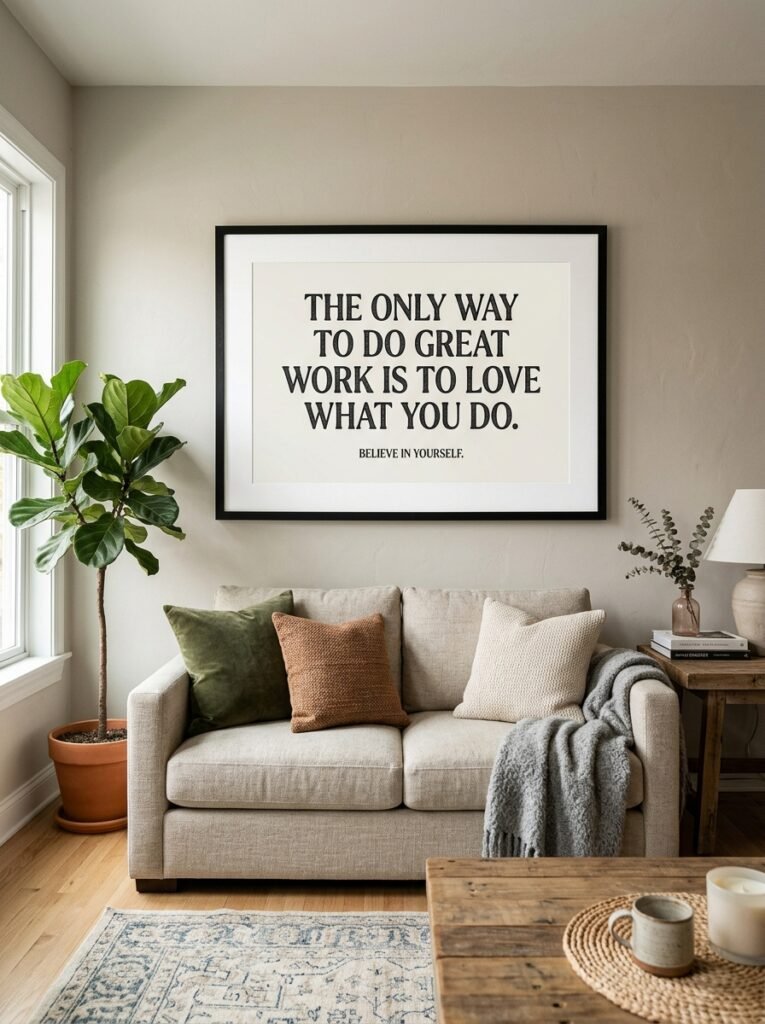 large framed print above sofa 