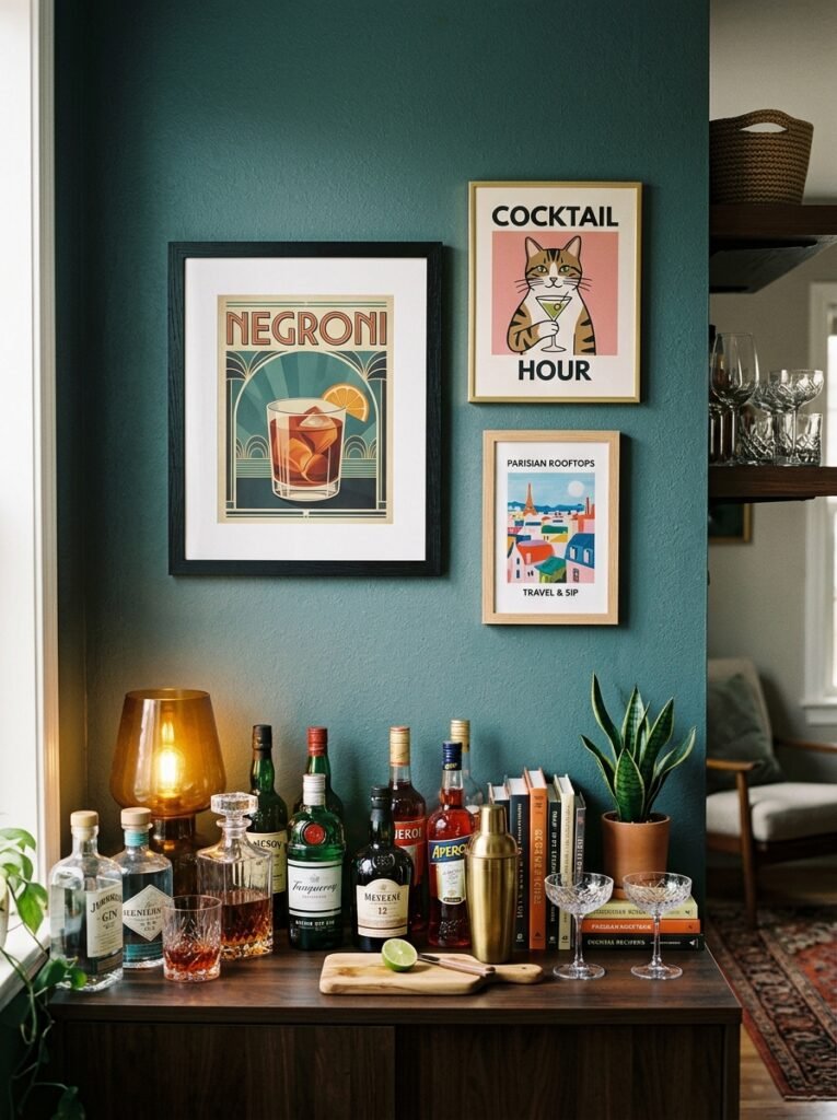 gallery wall above home bar 