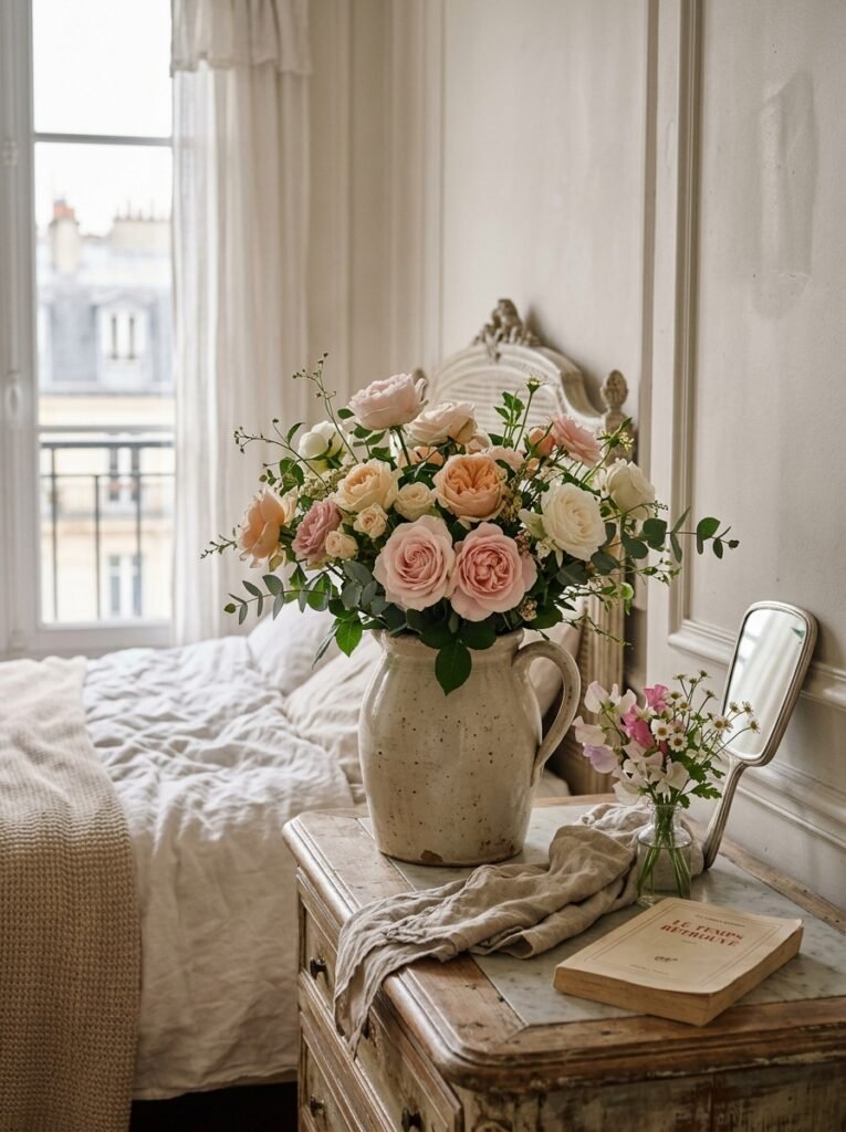 Garden roses in a vintage ceramic jug on a dresser