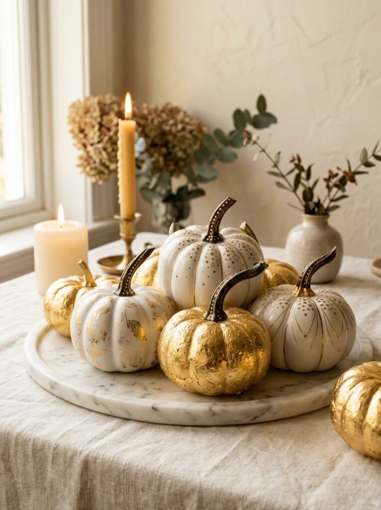 gilded pumpkins on marble tray 