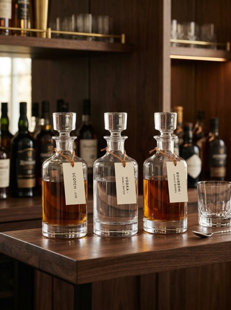 glass decanters on bar shelf 