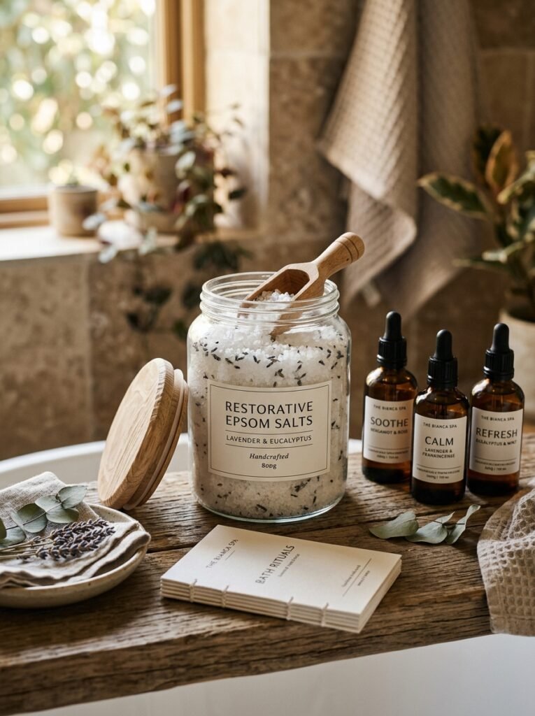 Epsom salt jar with scoop on a bathroom shelf