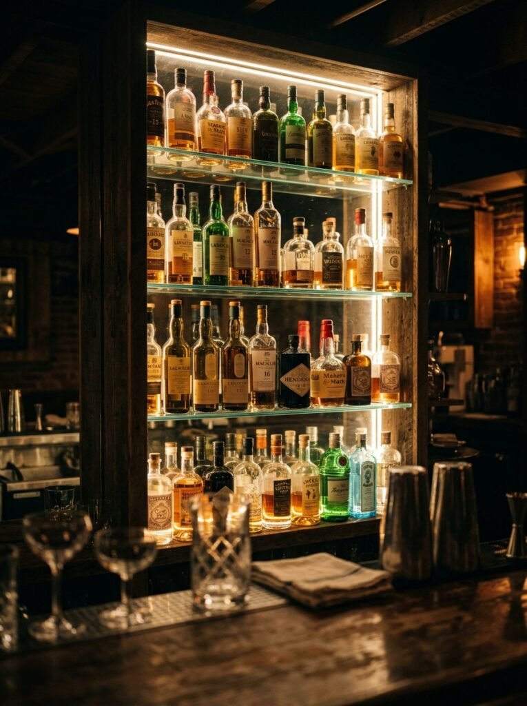 Backlit glass shelving glowing behind a basement bar