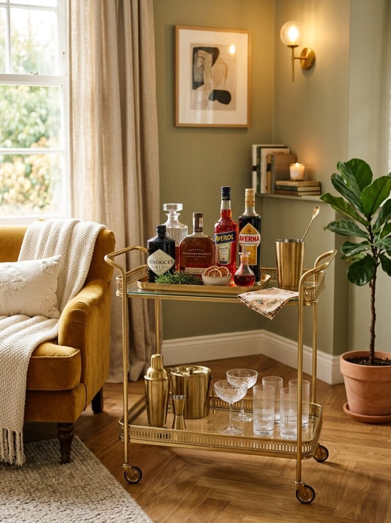 gold bar cart styled bottles 